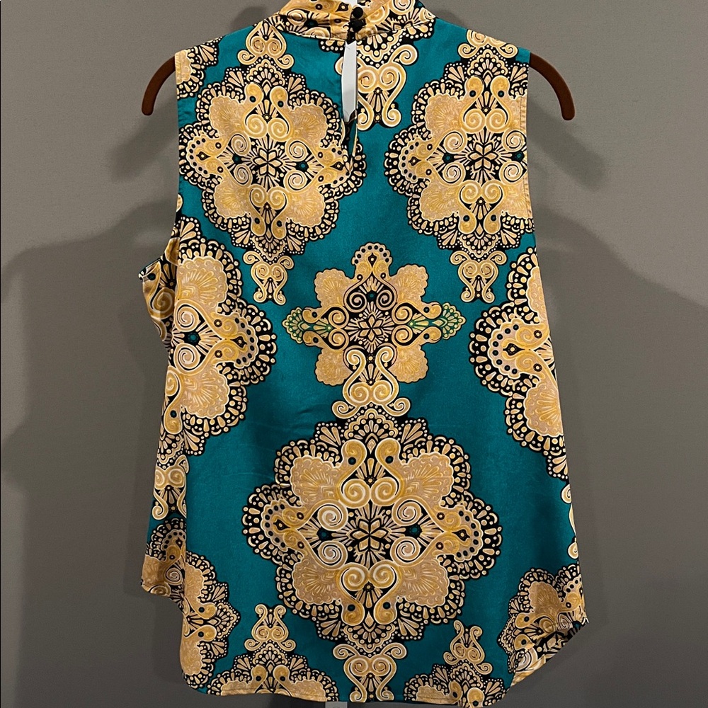 New York & Co Teal & Gold Tie Blouse - Picture 6 of 6